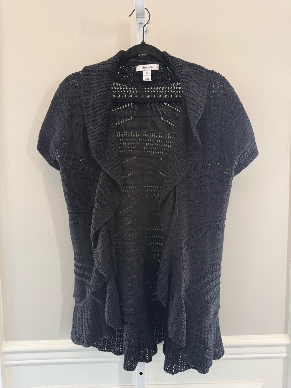 Style & Co Black Knit Ruffle Cardigan M Open Front Short Sleeve